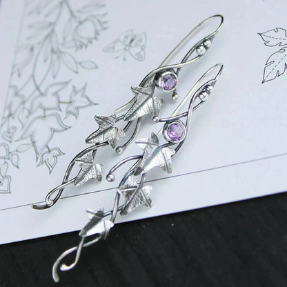 Antique Leaf Elf Earrings | White Gold